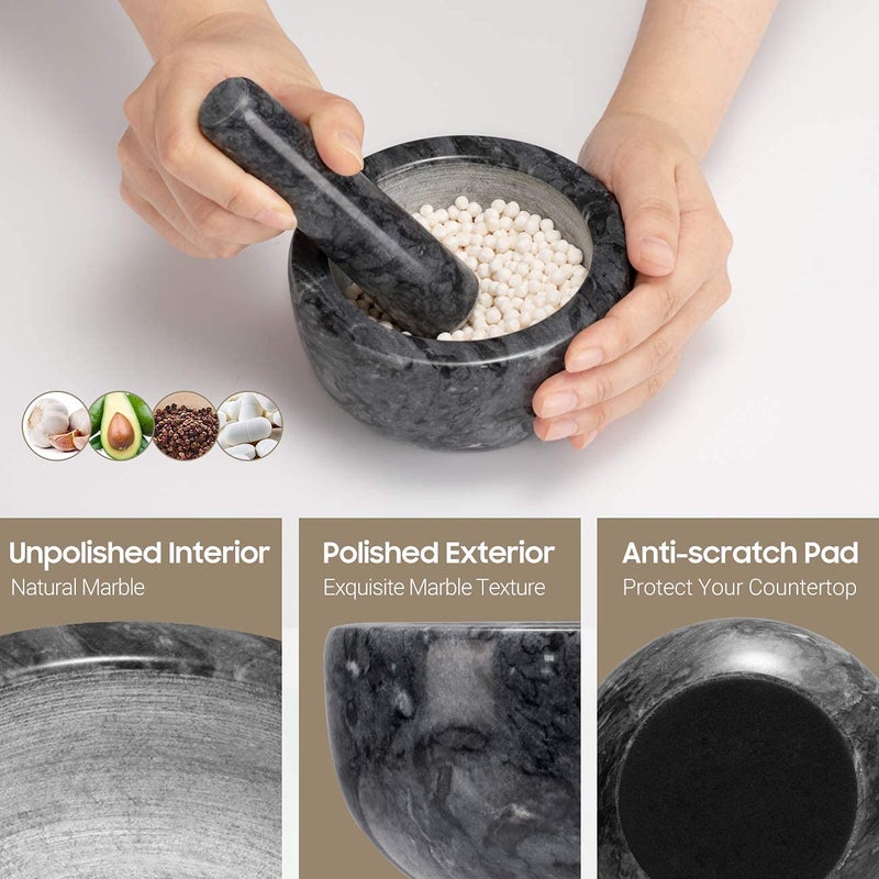 Tera Marble Mortar and Pestle Set Small Bowl Solid Stone Grinder Spice Herb Grinder Pill Crusher (Black, Diameter 4.64") - Image 4